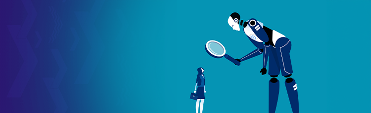 giant robot looking down on woman through magnifying glass