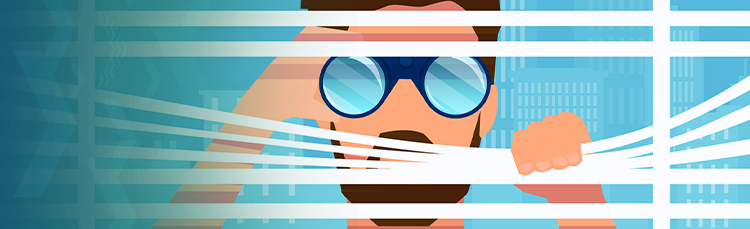 bearded man looking through blinds with binoculars