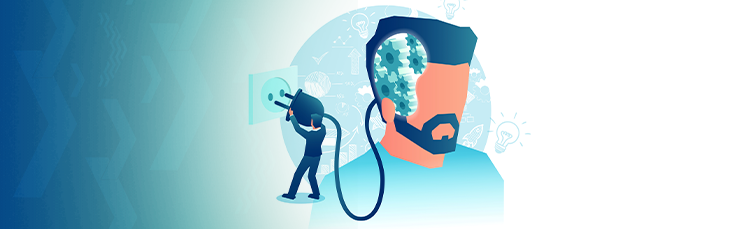 giant bearded man's head being plugged into outlet by small man