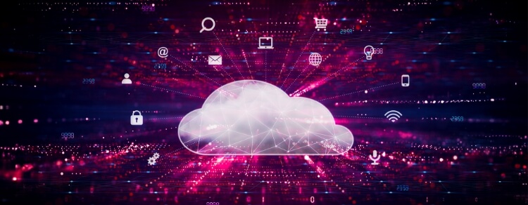 magenta cloud surrounded by icons for security, email, smartphone, wi-fi, microphone, internet, and more, illustrating anything as a service