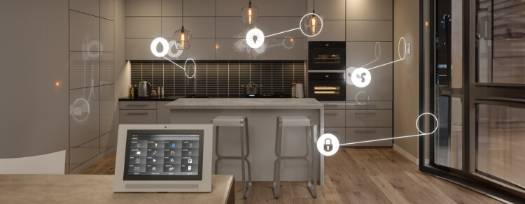 modern kitchen showing smart connections to water, lights, doors, air conditioner and more, illustrating the internet of things