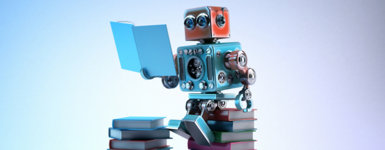 metal toy robot reading a book while sitting on a pile of other books