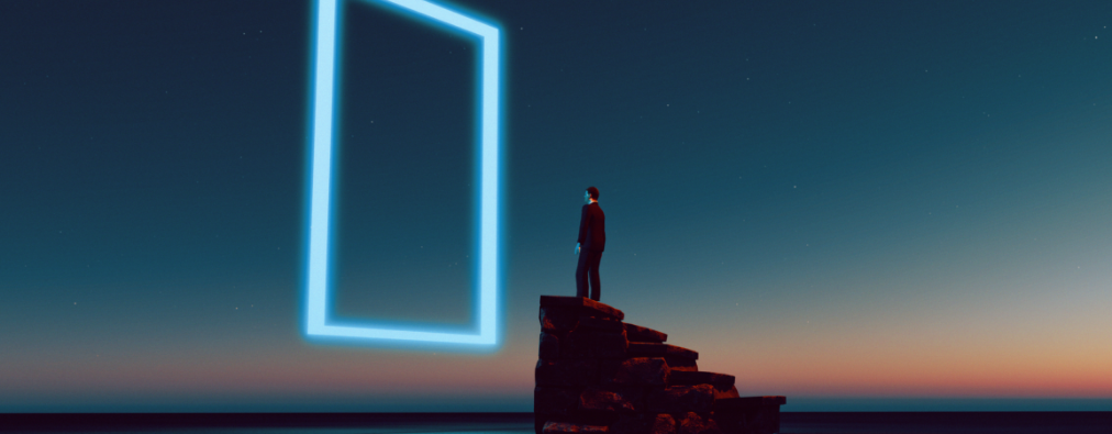 Lone person on stairs looking into a glowing blue frame, floating in a dark sky