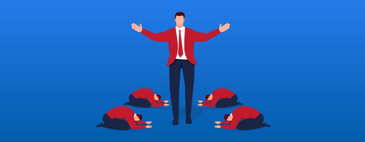 faceless person with red coat and tie standing against blue background, arms outstretched, four similarly dressed people bow down to him