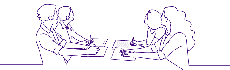 purple line drawing of people in an office brainstorm session