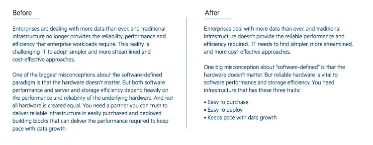Copyediting example. Before. Enterprises are dealing with more data than ever, and traditional infrastructure no longer provides the reliability, performance, and efficiency that enterprise workloads require. This reality is challenging IT to adopt simpler and more streamlined and cost-effective approaches. One of the biggest misconceptions about the software-defined paradigm is that the hardware doesn't matter. But both software performance and server and storage efficiency depend heavily on the performance and reliability of the underlying hardware. And not all hardware is created equal. You need a partner you can trust to deliver reliable infrastructure in easily purchased and deployed building blocks that can deliver the performance required to keep pace with data growth. After. Enterprises deal with more data than ever, and traditional infrastructure doesn't provide the reliable performance and efficiency required. IT needs to find simpler, more streamlined, and more cost-effective approaches. One big misconception about "software-defined" is that the hardware doesn't matter. But reliable hardware is vital to software performance and storage efficiency. You need infrastructure that has these three traits: Easy to purchase. Easy to deploy. Keeps pace with data growth.