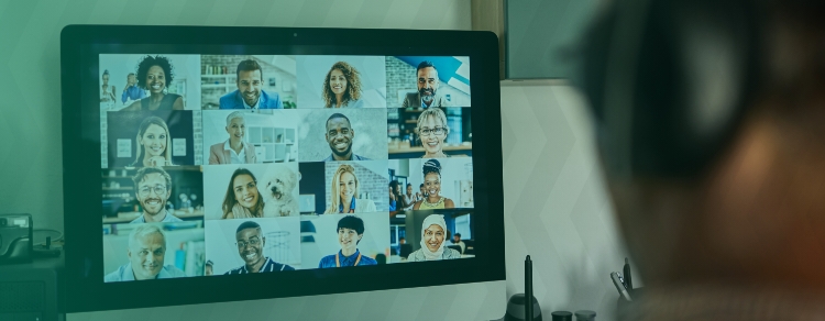 16 people attend a video conference meeting, shown on a screen