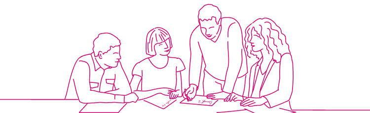 pink line drawing of people in an office discussing design concepts