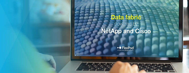 hands navigating a laptop that displays FlexPod data fabric powered by NetApp and Cisco