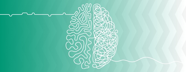 brain made of a single white line, with left side organized and right side tangled