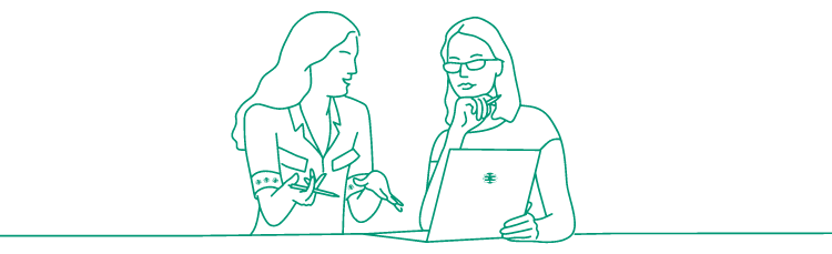 green line drawing of two people in an office discussion