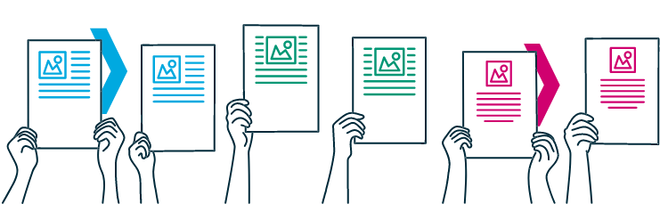 multicolored line drawing of pairs of hands holding up different versions of a design