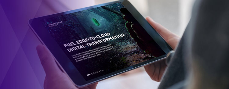 hands holding digital tablet displaying HPE Ezmeral presentation to fuel edge to cloud digital transformation