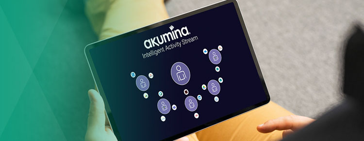 hand holding tablet displaying Akumina Intelligent Activity Stream graphic