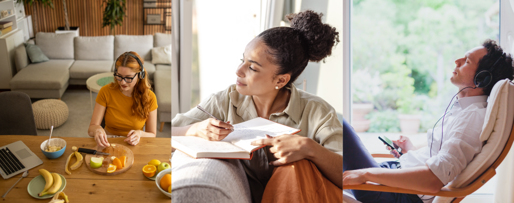 triptych of people eating healthy, journaling, and listening to relaxing audio