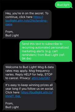 text conversation to subscribe to Bud Light marketing