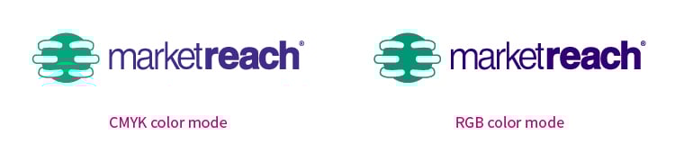the marketreach logo in CMYK color mode compared to the marketreach logo in RGB color mode