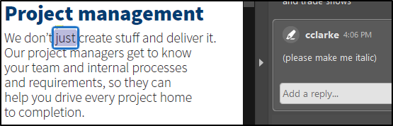 Highlighting text in Project management section, with please make me italic shown to the side